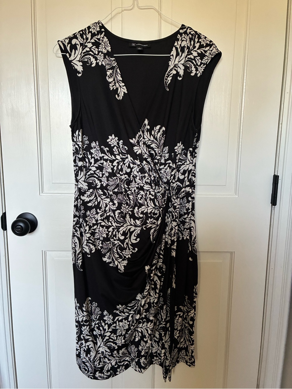 INC International Concepts Black and White Floral Faux-Wrap Midi Dress